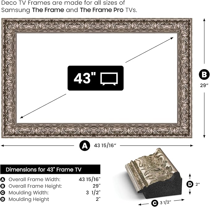 Tuscan Silver 43" Premiere Deco TV Frame - Compatible ONLY with Samsung The Frame TVs (Fits 2021-2025, LS03A, LS03B, LS03C, LS03D, LS03FA)