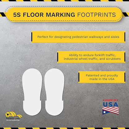 Mighty Line Big Footprints Floor Marking Tape for Safety, Caution, Warning, Heavy-Duty, Peel and Stick, Adhesive, Industrial Quality, 12" Long x 5" Wide, White, Pack of 50