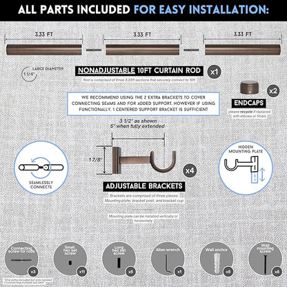 BlastHome® Non-Adjustable Luxury Curtain Rods for Windows, 1 ¼” Rod Set, 10 foot Fixed Length (Three Rods Connect for a Seamless Look), Oil Rubbed Bronze