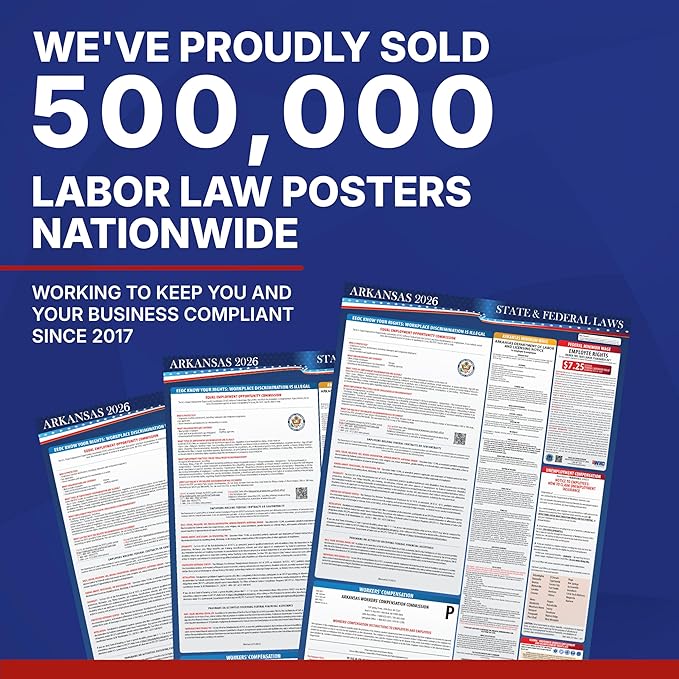 2026 Arkansas State and Federal Labor Law Poster - OSHA Workplace Compliant - Mandatory Regulations Posting for Employees - All in One Required Compliance Posting 17" x 40" - Laminated (English)