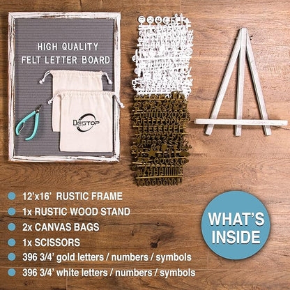 Felt Board With Rustic Vintage Frame and Stand 12x16 Inch, Grey Changeable Message Board Includes 792 Letters, Numbers and Symbols, Hook to Hang, 2 Canvas Bags