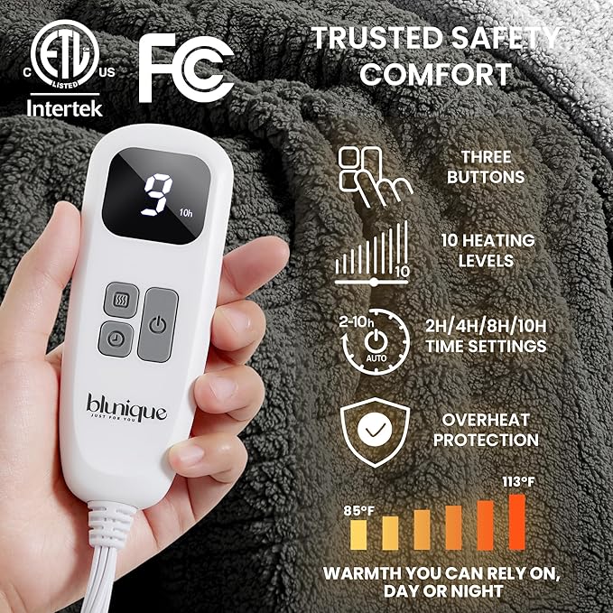 Heated Blanket Electric Blanket Twin - Fast Heating Blanket Throw Double Sided Sherpa Ultra Soft Cozy with 10 Heating Levels & 2-10 Hours Auto Off, Mashine Washable, 62 x 84 Inches, Grey Twin