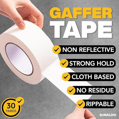 Gaffers Tape, Strong Hold, Easy to Rip, Residue-Free Professional Grade Floor Tape for Electrical Cords, Matte Finish Non Reflective, Weather Resistant (1 Pack, White, 2" x 30 Yards)