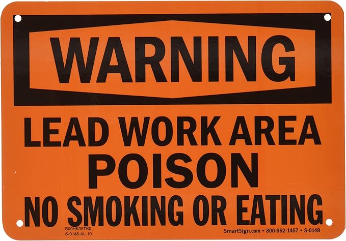 SmartSign-S-0148 "Warning - Lead Work Area, Poison, No Smoking Or Eating" Sign | 7" x 10" Aluminum - Black on Orange