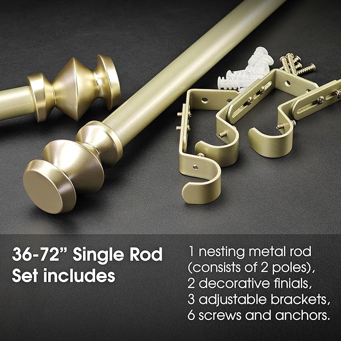 1-1/8 Inch Diameter Champagne Gold Curtain Rods with Modern Geometric Finials, 36-72'' Telescoping Single Curtain Rods for window width 24-68 inch, 1 pack