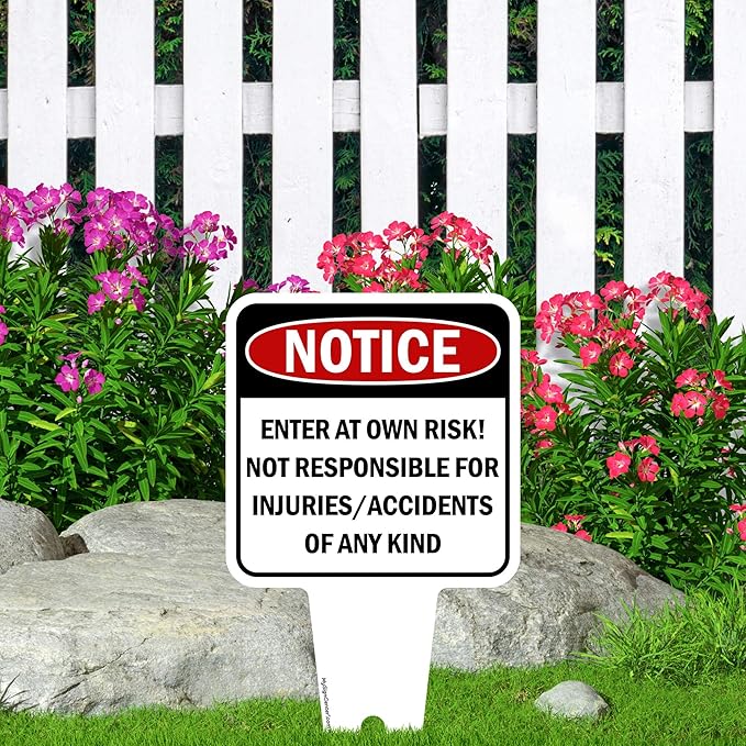 Notice, Enter at own Risk! Sign, 7"x13", Heavy Duty Integrated Ground Stakes, Indoor/Outdoor Use, Rust Free Aluminum Composite, Made in USA by My Sign center