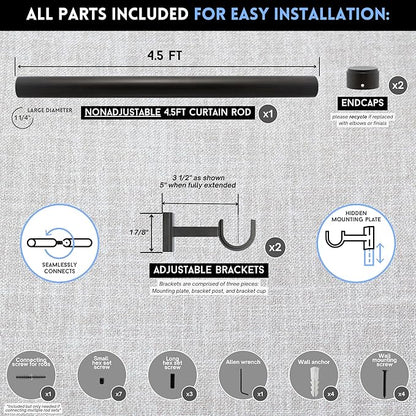 BlastHome® Non-Adjustable Luxury Curtain Rods for Windows, 1 ¼” Rod Set, 4 1/2 foot Fixed Length, Brushed Dark Brown