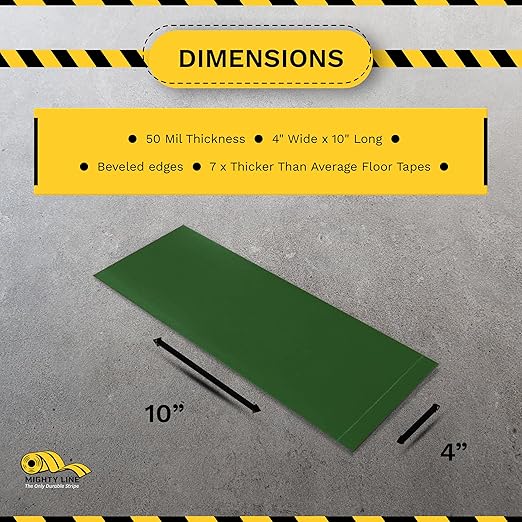 Mighty Line Floor Marking Tape Strips for Safety, Caution, Warning, Heavy-Duty, Peel and Stick, Adhesive, Industrial Quality, Green, 4" by 10"
