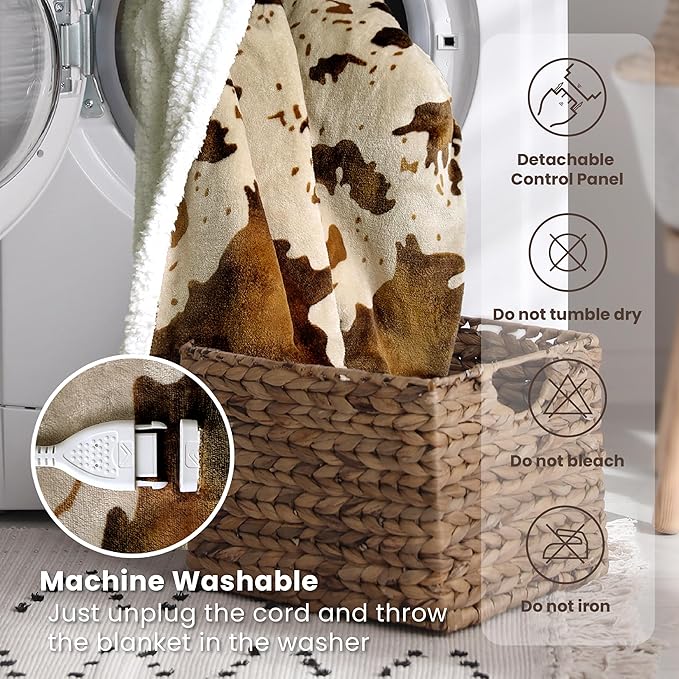 Cow Print Electric Heated Blanket Queen-Dual Control Heating Blanket Queen Size with 10 Heat Levels & 10 Hours Auto-Off, Cozy Soft Fleece Sherpa, Washable, 84x90 Inche Cow Print Apricot