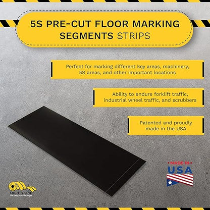 Mighty Line Floor Marking Tape Strips for Safety, Caution, Warning, Heavy-Duty, Peel and Stick, Adhesive, Industrial Quality, Black, 6" by 10"