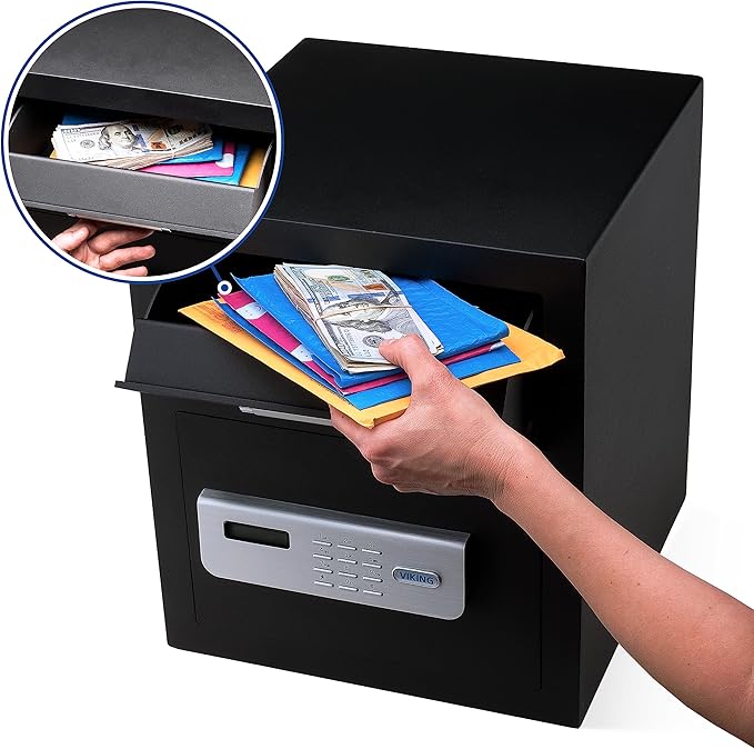 Viking Security Safe VS-40DS Heavy Duty Depository Safe with Drop Slot – Digital Keypad Money Safe for Cash, Business, Home, Office, Retail – Anti-Fish Design, LCD Display, Motorized Lock, Backup Key