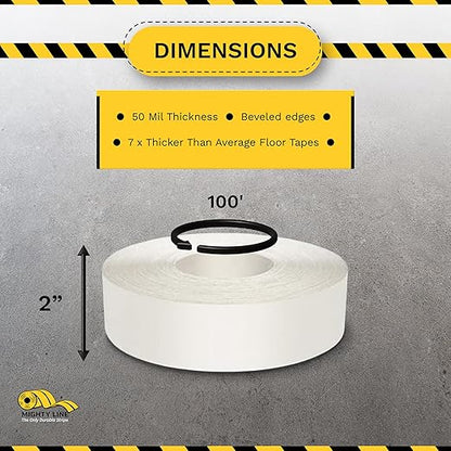 Mighty Line UltraLine Solid Floor Marking Tape for Safety, Caution, Warning, Heavy-Duty, Peel and Stick Adhesive, Beveled Edge Design, Industrial Quality, 2 Inch, 100' Roll, White