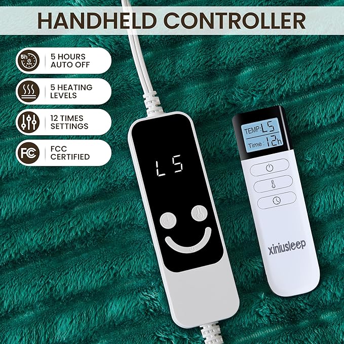 Heated Blanket Electric Blanket 50"x60", Soft Flannel Sherpa Electric Throw with 5 Heating Level & 12 Times Setting, Heated Throw with Overheating Protection, Machine Washable (Green)
