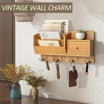 Rebee Vision Key Holder Wall Mount with Mail Organizer - Modern Farmhouse Key and Mail holder for Wall with Wall Hooks and Drawer - Apartment Essentials for Home Decor Aesthetic(Light Brown)