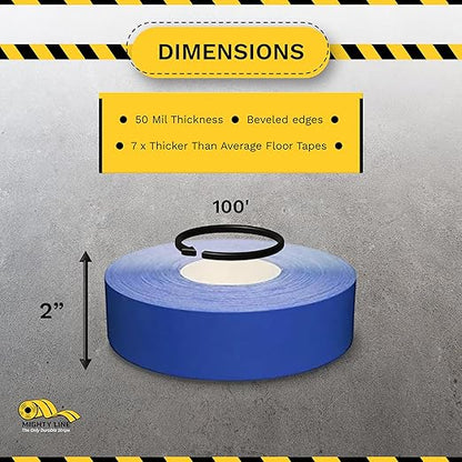 Mighty Line UltraLine Solid Floor Marking Tape for Safety, Caution, Warning, Heavy-Duty, Peel and Stick Adhesive, Beveled Edge Design, Industrial Quality, 2 Inch, 100' Roll, Blue