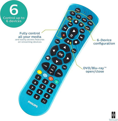 Philips Universal Remote Control, Universal TV Remote Replacement, Samsung TV Remote Control Universal, for Roku Remote Replacement, Vizio, LG, Sony, Apple TV, Smart TVs, 6 Device, Blue, SRP6249B/27