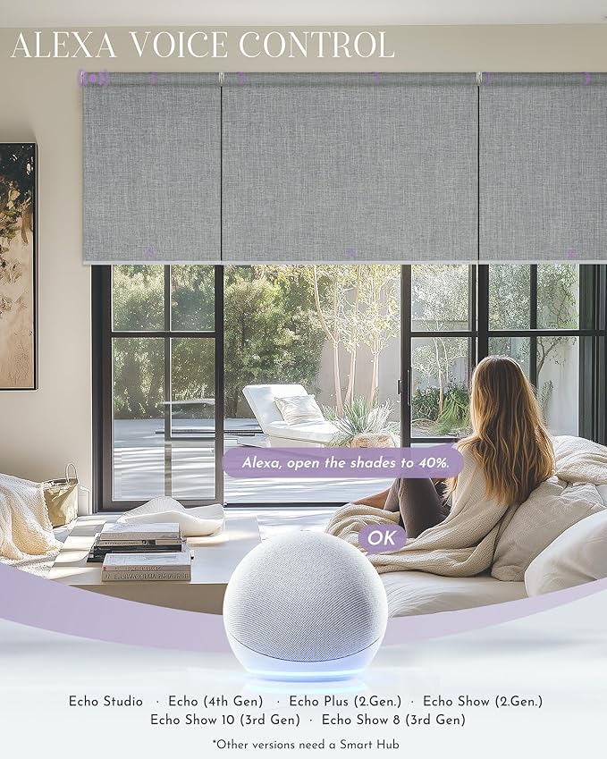 Graywind Smart Coupled Roller Shades Compatible with Alexa Google Custom Size Extra Large Motorized Blinds for Windows(Cloudy Grey)