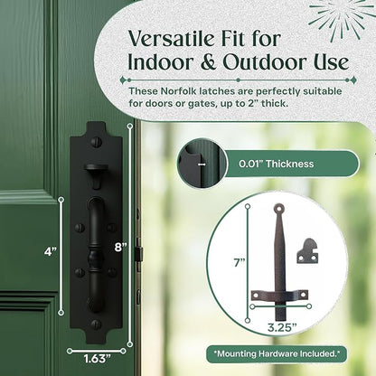 Renovators Supply Manufacturing Black Cast Iron Norfolk Door Latches Traditional Gate Or Door 8" Tall Thumb Latches Black Powder Coated Two Sided Gate Latch Locks with Mounting Hardware Pack of 10