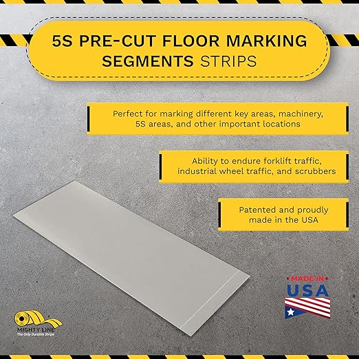 Mighty Line Floor Marking Tape Strips for Safety, Caution, Warning, Heavy-Duty, Peel and Stick, Adhesive, Industrial Quality, Grey, 3" by 10"