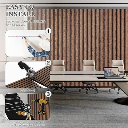Wood Salt Acoustic Wall Panels, 6 Piece 94" x 7.9" x 0.8" Soundproof Wooden Wall Panels, 3D Fluted Sound Absorbing Panel, Red Oak