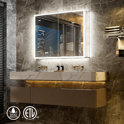 40x30 LED Medicine Cabinet Mirror with Double Lights-Front & Backlit, 155°Soft-close Hinge, Surface or Recessed Dimmable Lighted Medicine Cabinet Mirror with Clock Outlet Inner Light,Anti-fog