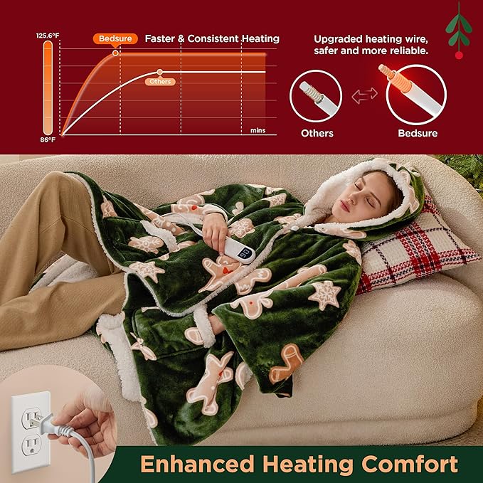Bedsure Heated Blanket Wearable Shawl - Electric Wrap Poncho Blanket Hoodie Adult as Christmas Winter Gifts for Women, Warm Sherpa Heating Throw,Auto Shut Off, 55x64 in, Green Gingerbread Man Pattern