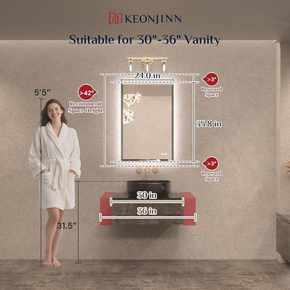 Keonjinn 24 x 36 in Backlit Mirror Bathroom, Beveled Frameless LED Mirror for Wall, Shatterproof Tempered Glass, UL-Listed, 3 Color Temperature, Defogger, Dimmable, Memory Function, Plug in/Hardwired