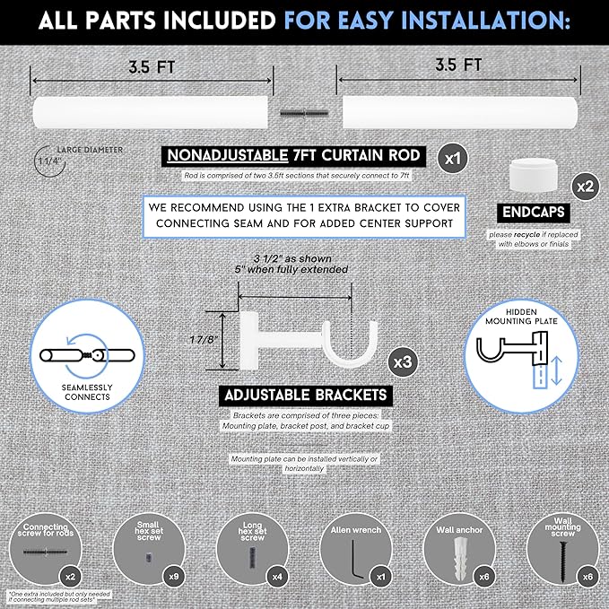 BlastHome® Non-Adjustable Luxury Curtain Rods for Windows, 1 ¼” Rod Set, 7 foot Fixed Length (Two Rods Connect for a Seamless Look), White
