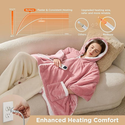 Bedsure Heated Blanket Wearable Shawl - Electric Wrap Poncho Blanket Hoodie for Adult, Winter Gifts for Mom Women Girlfriend, Warm Sherpa Heating Throw, Auto Shut Off, 55x64 inches, Pink