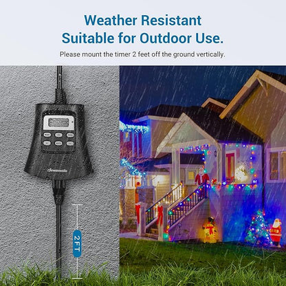 DEWENWILS Outdoor Digital Timer for Lights, 7-Day Programmable Plug in Timer with 3 Grounded Outlets for Christmas Landscape String Light, 15A, 1/3 HP UL Listed