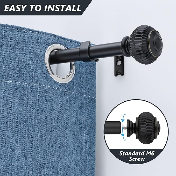 Black Curtain Rods for Windows 66 to 120 Inches 1 Inch Adjustable Heavy Duty Curtain Rods with Lantern Ball Finials,Window Treatment Single Curtain Rod Set