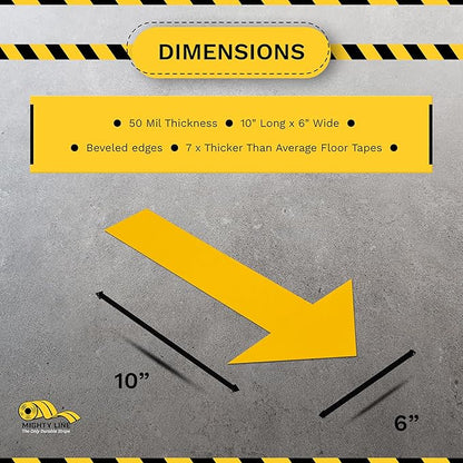 Mighty Line Solid Arrows Directional Sticker Sign Floor Marking Tape for Safety, Caution, Warning, Heavy-Duty, Peel and Stick, Adhesive, Industrial Quality, Yellow, 10" by 6", Pack of 50