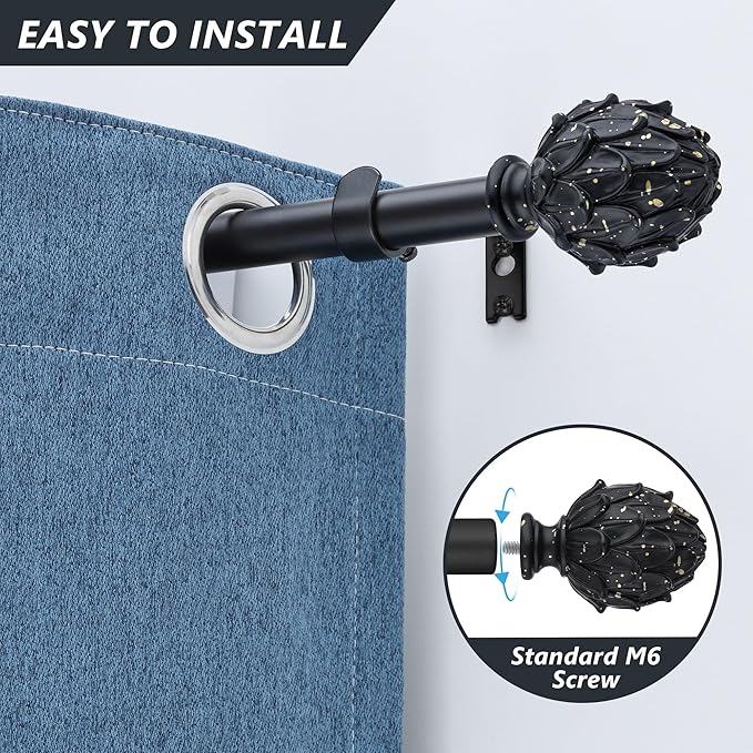 Curtain Rods for Windows 28 to 48 Inches 6/8 Inch Diameter Adjustable Drapery Rods Decorative Single Window Curtain Rods with Classic Finials,Black