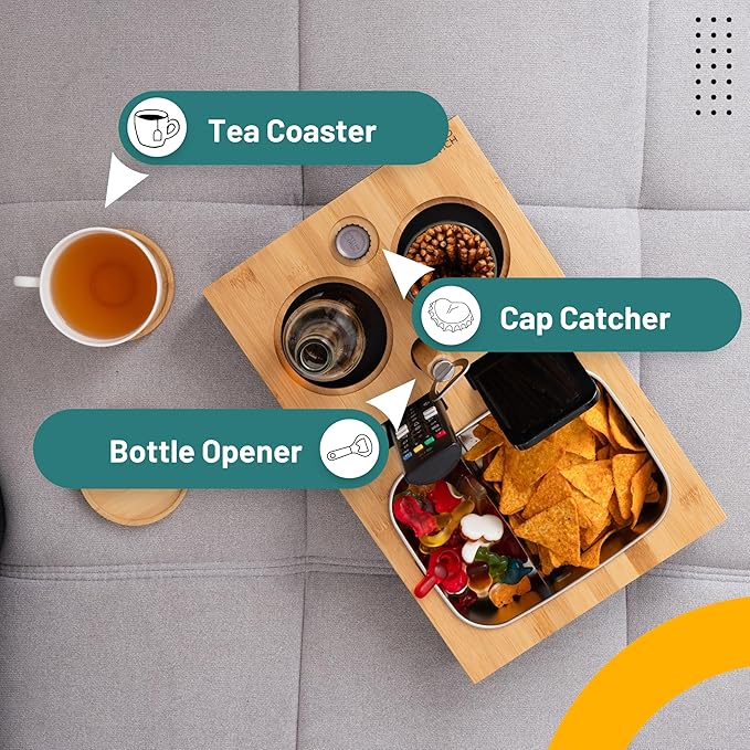 D&D Living® Couch Caddy - Bamboo Couch Console | Anti-Spill Drink and Cup Holder | Snack Organizer Tray for Sofa with Bottle Opener