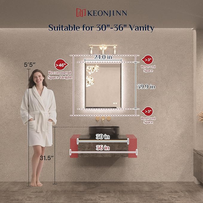 Keonjinn LED Mirror Backlit 24 x 30 Inch, Beveled Bathroom Mirror with Backlight, UL-Listed, Safe Tempered Glass, 3 Color Lights, Dimmable, Defogging, Frameless Lighted Vanity Mirrors for Wall