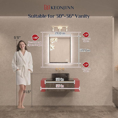 Keonjinn LED Mirror Backlit 24 x 30 Inch, Beveled Bathroom Mirror with Backlight, UL-Listed, Safe Tempered Glass, 3 Color Lights, Dimmable, Defogging, Frameless Lighted Vanity Mirrors for Wall