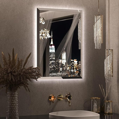 Keonjinn 20 x 28 Inch Backlit Mirror Bathroom, Frameless LED Mirror for Bathroom, Beveled Edge, HD Tempered Glass, UL-Listed LED Driver, Anti-Fog, Dimmable, Memory Function, French Cleat Installation