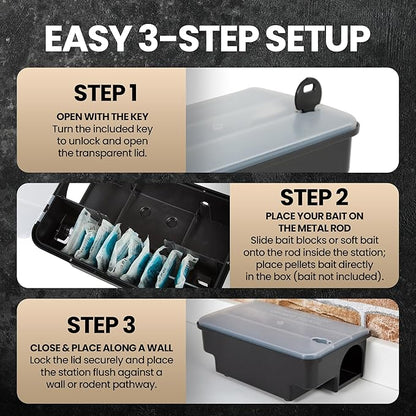 Professional Rat & Mouse Bait Station – 2 Lockable Weather-Resistant Rat Trap Boxes with Clear Lid & Dual Entry – Reusable Rodent Control (Bait Not Included)