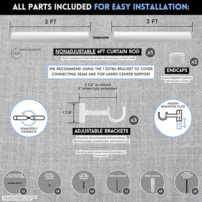 BlastHome® Non-Adjustable Luxury Curtain Rods for Windows, 1 ¼” Rod Set, 6 foot Fixed Length (Two Rods Connect for a Seamless Look), Brushed White