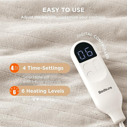 Bedsure Heated Blanket Throw Blanket - Fast Heating Electric Blanket, Soft Flannel Heated Throw with 4 Time Settings, 6 Heating Settings, Warm Gifts for Grandma (50x60 inches, Cream)