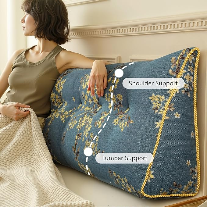 WOWMAX Large Bolster Triangular Headboard Backrest Positioning Support Reading Wedge Pillow for Day Bed Bunk Bed Removable Cover Full Size Lake Blue
