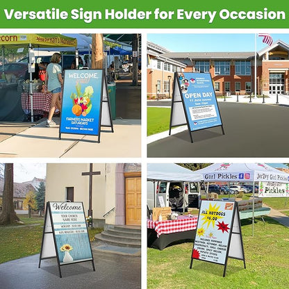 2 Pack A Frame Sign Holder 24x36 Inch, Double-Sided Folding Sandwich Board with Handle, Heavy Duty Metal Sidewalk Sign for Outdoor Business Advertising, Includes 4 Plastic Boards