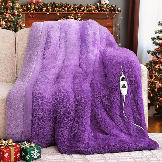 Heated Electric Blanket Throw,Warm Winter Birthday Gifts for Women Her Grandma-Faux Fur with Soft Sherpa,10 Heat Settings,5 Time Settings with Fast Heating, 50x60, Mystic Purple