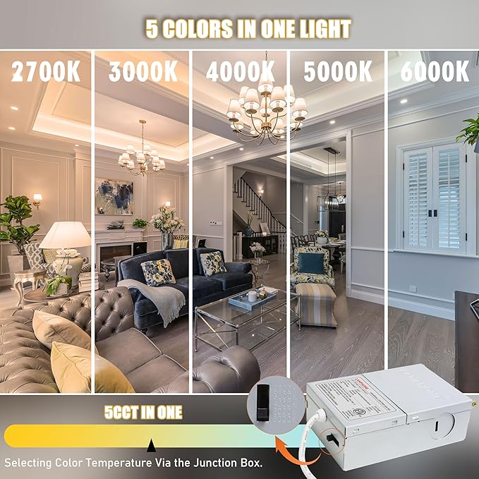 LAMPHOME 6-Pack of 8-Inch Slim LED Recessed Lights with Junction Box, Adjustable Color Temperatures (2700K-5000K), 18W Equivalent to 125W, Dimmable, 1600LM Brightness - ETL and Energy Star Certified