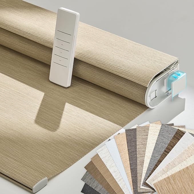 Persilux Smart Motorized Blinds with Remote, No Drill Automatic Roller Shades for Indoor Windows, Light Filtering Linen Fabric, Electric Blinds for Windows, Weave Straw C162-4, Custom Size