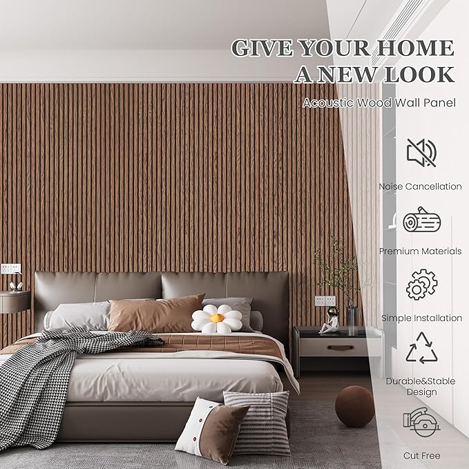 Wood Salt Acoustic Wall Panels, 2 Piece 94" x 23.6" x 0.8" Soundproof Wooden Wall Panels, 3D Fluted Sound Absorbing Panel, Red Oak