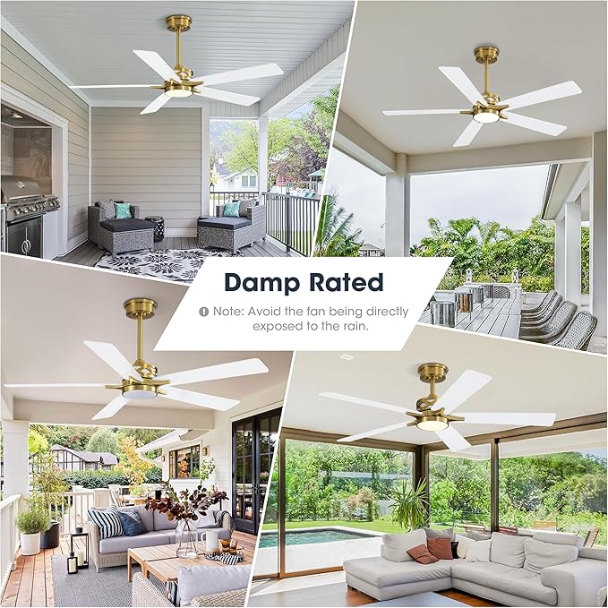 WINGBO 60" Smart Ceiling Fan with Lights and 3 Downrods, 5 Plywood Blades, 6 Speeds Reversible DC Motor, Works with Alexa and Google Assistant, 3CCT Dimmable LED Large Ceiling Fans, Brass and White