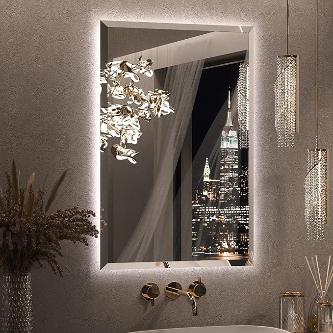 Keonjinn 24 x 36 in Backlit Mirror Bathroom, Beveled Frameless LED Mirror for Wall, Shatterproof Tempered Glass, UL-Listed, 3 Color Temperature, Defogger, Dimmable, Memory Function, Plug in/Hardwired
