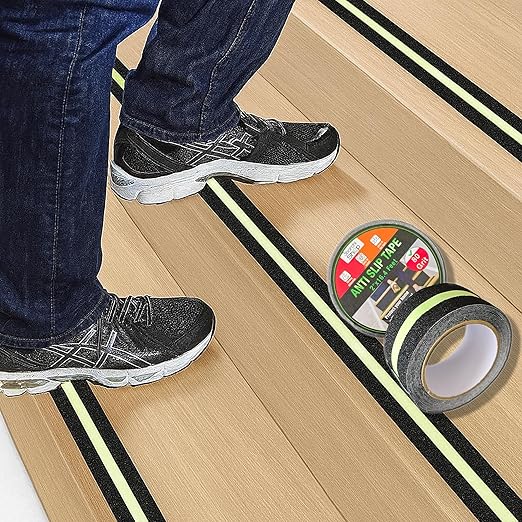 Glow in The Dark Anti Slip Tape for Stairs 2 Pack Safety Grip Strips 2in x 16.4ft Waterproof Non Skid Traction Tape for Indoor & Outdoor Steps Black with Bright Green Walk Caution Tape