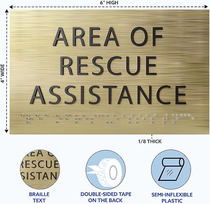 Area of Rescue Assistance Sign - ADA compliant sign. 6"x4" sign made from durable plastic with raised lettering and Braille. Designed to meet ADA (Americans with Disabilities Act) regulations.
